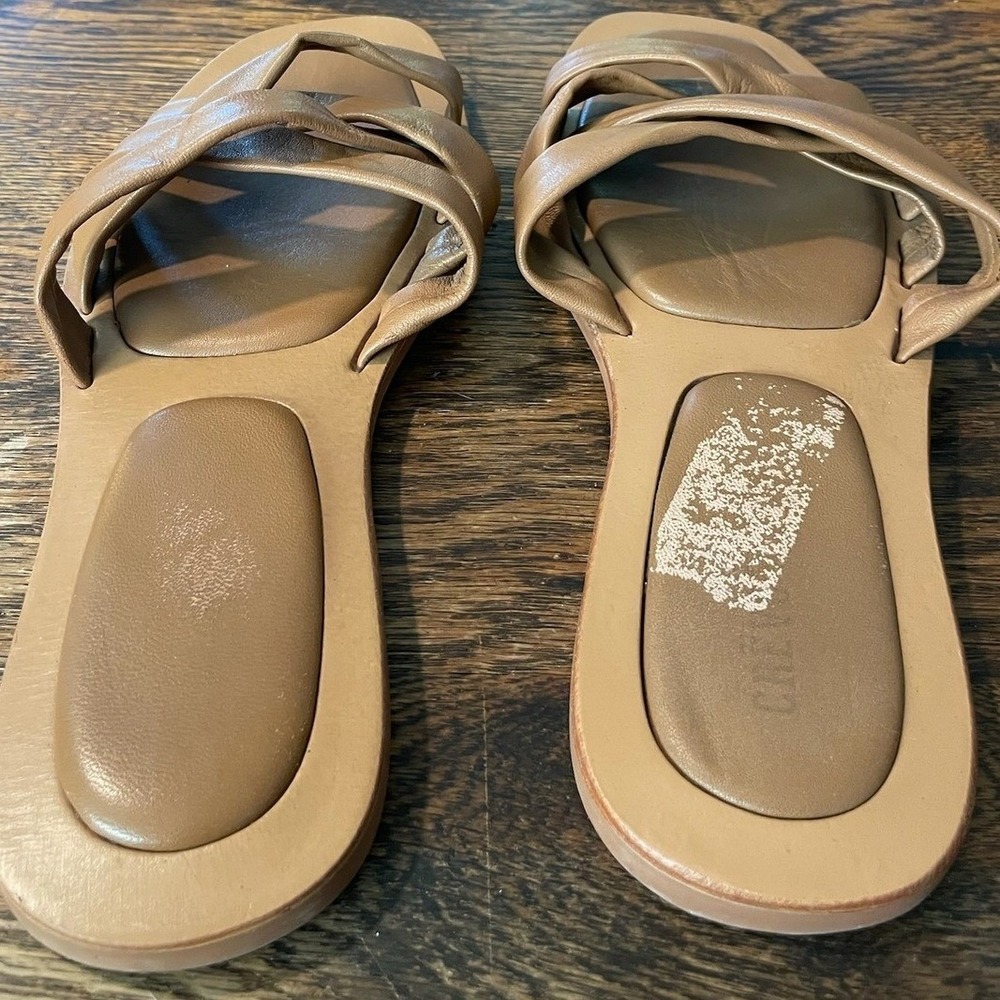 Womens Tan Leather Interwoven Strap Slide Sandals Square Toe Comfort Size 9 - Picture 2 of 3